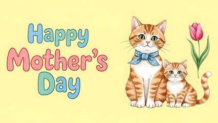 Obraz premium Two cartoon cats and a tulip with Happy Mothers Day text kitten mother's day
