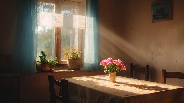 Sunlit cozy kitchen interior with flowers on table in rustic home - Powered by Adobe