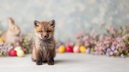 Fototapeta premium Cute fox cub sits among flowers and easter decorations in springtime