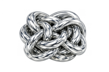 Silver chrome metallic knot with interwoven loops. Abstract 3d render illustrating complexity, unity, and strength