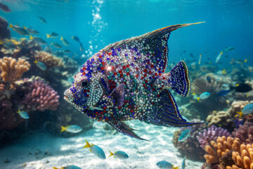 Fototapeta premium coral reef and fish in rhinestone underwater