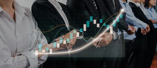 A group of diverse business professionals stand confidently, illustrated by financial graphs representing growth and market trends, symbolizing success and unity. Axiom