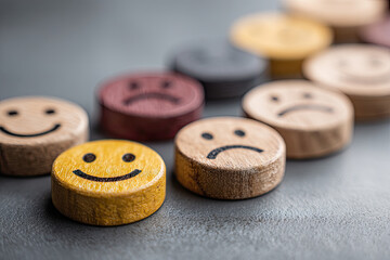 Customer service rating experience feedback emotion and satisfaction survey concept. Wooden labels with smile, normal and sad face icons, client chooses Positive Neutral or Negative pleasure score