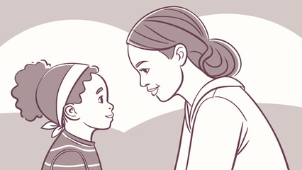Obraz premium Mother and son exchanging affectionate glances, minimalist style, soft colors.