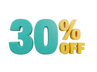 Large Turquoise Thirty Percent Symbol With Glossy Yellow Discount Text On Black Background