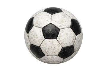 Dirty soccer ball with worn patchwork on transparent background representing passion for football and game history
