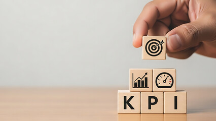 Hand placing wooden cube with target icon on top of kpi abbreviation stack showing key performance indicator concepts