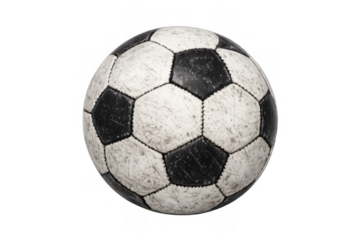 Worn classic football with dirty black and white panels on transparent background for sports and game concepts