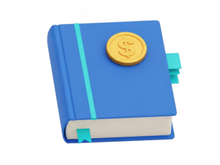 Open Blue Book with Gold Dollar Sign Coin on Cover Against Black Background