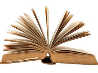 Open Hardcover Book with Pages Fanned Out in Circular Motion on Black Background