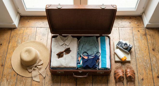 Accessoires de voyage avec valise et appareil photo sur bois