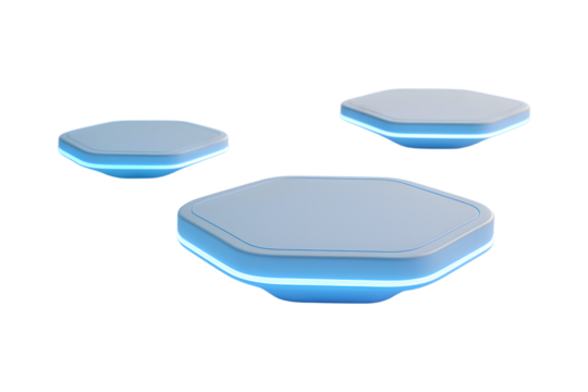 Three futuristic glowing platforms on a black background isolated on transparent background - Powered by Adobe