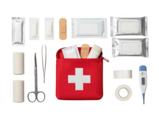 Red First Aid Kit with Medical Supplies and Silver Packaged Bandages on Black Background
