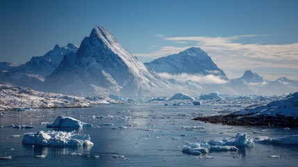 Iceberg Filled Fjord with Snowy Mountain Peaks