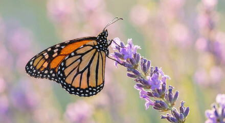 Obraz premium Papillon monarque sur une fleur de lavande en macro