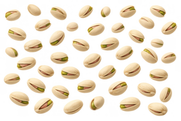 Pistachio nuts scattered, healthy snack food kernels falling, green pistachios with shells, transparent background design element for cooking