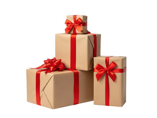 Obraz premium Stack of Five Brown Gift Boxes with Red Ribbons on Dark Background