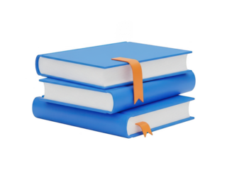 Stack of Three Blue Hardcover Books with Orange Cloth Bookmarks Isolated on Black