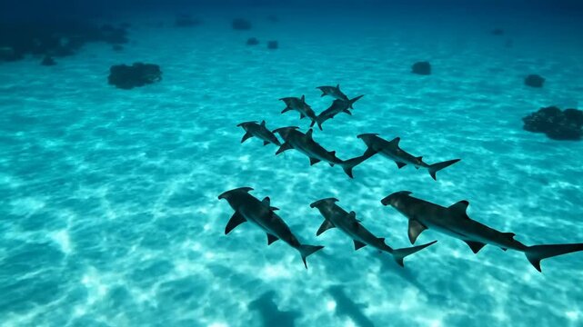 Underwater shot of school of sharks swimming in clear blue ocean water, sunlight creating patterns on ocean floor, marine life.
