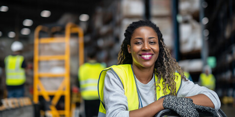 Smiling Black female warehouse worker wearing high-visibility safety vest and gloves in a distribution center.