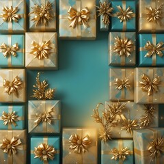 Luxurious gifts in gold and blue wrapping with elegant bows and ribbons