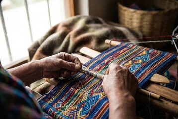 Hands work on textile weaving at a loom in a home setting during the day in a crafting session focused on colorful patterns