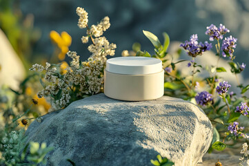 Eco cosmetic bottle in meadow with floral background