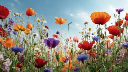 Obraz premium Vibrant Field of Colorful Wildflowers in Full Bloom Under a Clear Blue Sky on a Bright Sunny Day with Gentle White Clouds Floating Above