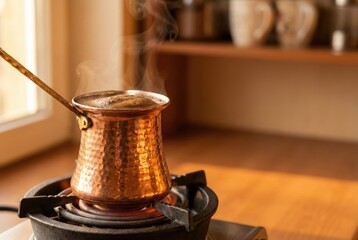 Coffee brews in a copper pot on a stove in a kitchen filled with warm sunlight in the afternoon
