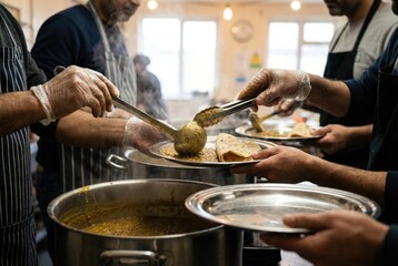 People serve food in a busy community kitchen during a meal preparation event in the afternoon with many hands working together