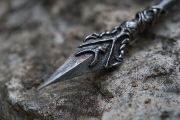 Intricately designed spear displayed on textured stone, invoking fantasy and adventure themes
