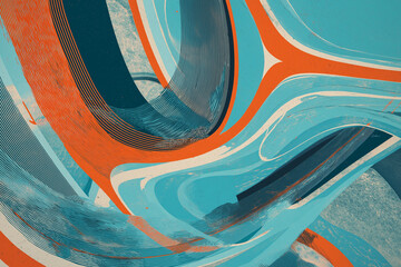 Abstract Blue and Orange Curved Shapes with Textured Stained Glass Style Pattern