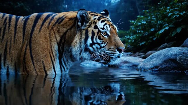 Majestic tiger in a river with reflection, surrounded by forest, wildlife nature concept