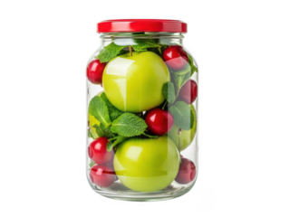Transparent Glass Jar Filled With Fresh Green Apples Red Cherries And Mint Leaves