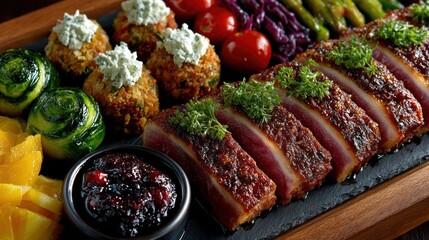 Flat lay of assorted food including meat, vegetables, and desserts, rich and colorful spread