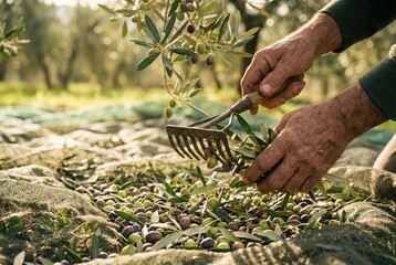 Olive harvesting in a sunny grove with hands gathering ripe olives from the ground using a tool for collection