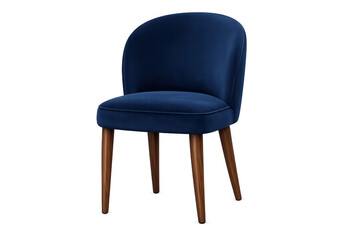 Fototapeta premium Blue velvet dining chair featuring mid-century modern design and natural wooden legs, luxurious upholstered furniture for home decor, transparent background