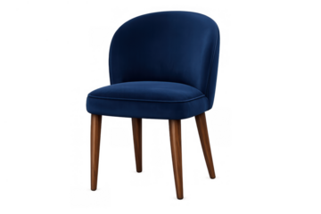 Blue velvet dining chair featuring mid-century modern design and natural wooden legs, luxurious upholstered furniture for home decor, transparent background
