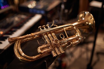 Brass instrument displayed in a music studio setting for creative sound exploration