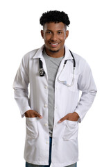 Smiling Young Black Doctor in Lab Coat with Stethoscope