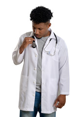 Young black doctor adjusts stethoscope in white coat