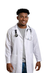 A smiling young black doctor, wearing a lab coat and holding a stethoscope.