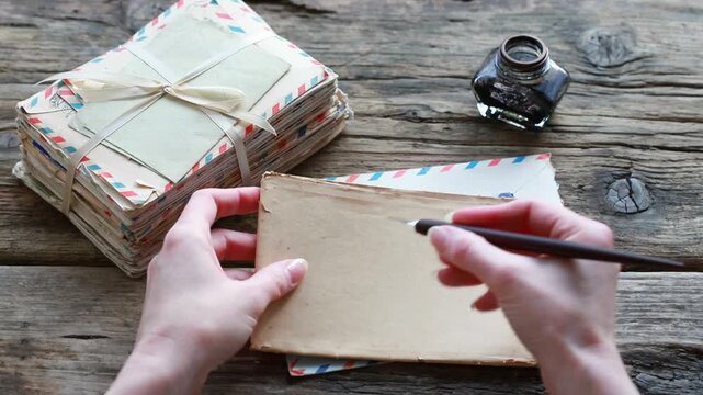 The woman picks up a traditional pen and dips it in the inkwell to write a letter.