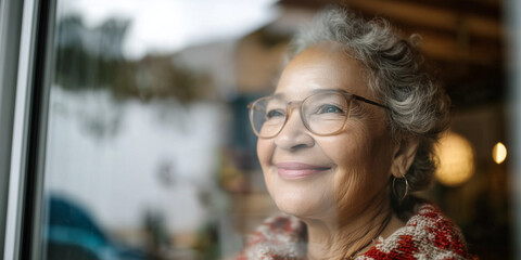 Portrait of a smiling elderly woman with curly grey hair and glasses looking through a window, reflecting on life with hope and serenity.