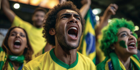 Enthusiastic Brazilian soccer fans cheering for their national team in a stadium, featuring a young man shouting with passion while wearing a yellow and green jersey.