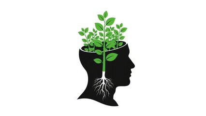 Human Head Silhouette with Green Plant Growth