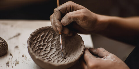 Close-up of a potter's hands sculpting a textured pattern inside a raw clay bowl in a ceramics studio.