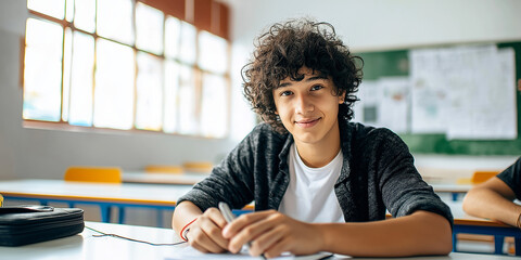 Portrait of a smiling teenage student with curly hair sitting at a desk in a bright classroom.