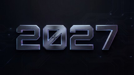 Futuristic metallic 2027 typography on dark circuit board background with neon blue glow for tech and innovation concepts with technology and digital