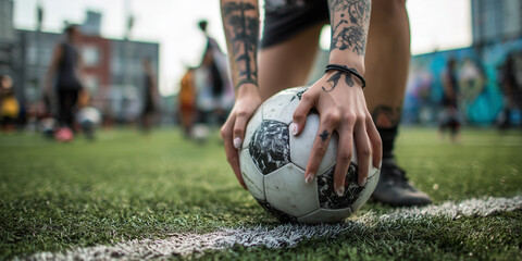 Close-up of a tattooed soccer player's hands placing a worn football on an urban artificial turf field during a game.